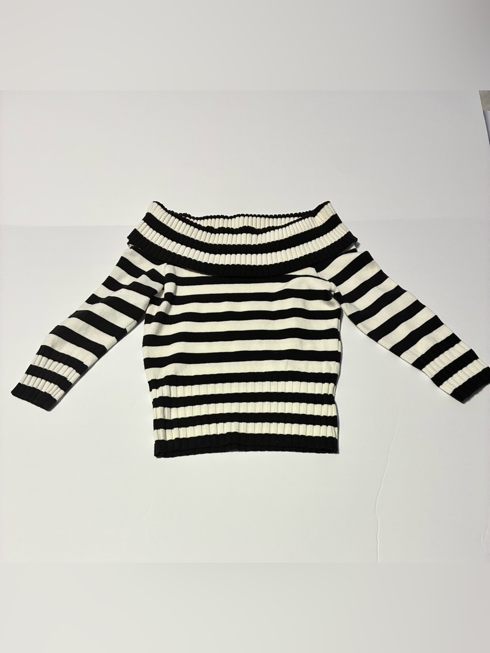XOXO Vintage Y2K Black White Striped Off Shoulder Ribbed Sweater Top S